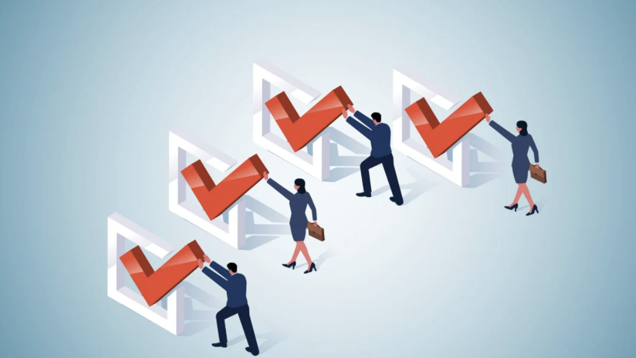 An illustration of politicians pushing tick-boxes symbolizing votes, with some ahead others lagging behind